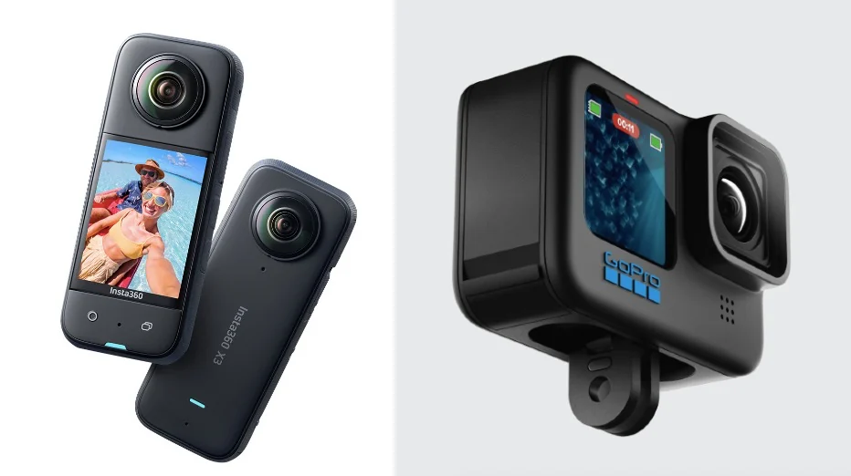 An Insta360 X3 shown front and back beside a GoPro action camera with its mounting fingers