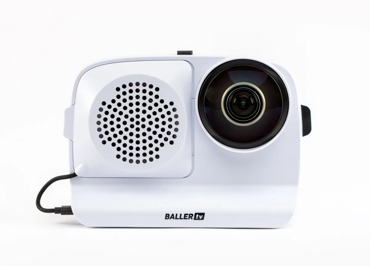 BallerCam, a white iPhone case with a speaker grille and a large 180-degree lens, front view