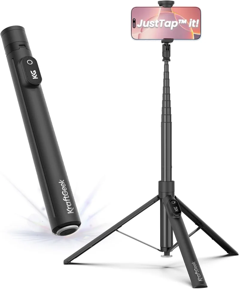KraftGeek compact tripod, folded into a single handle and extended with an iPhone mounted on top