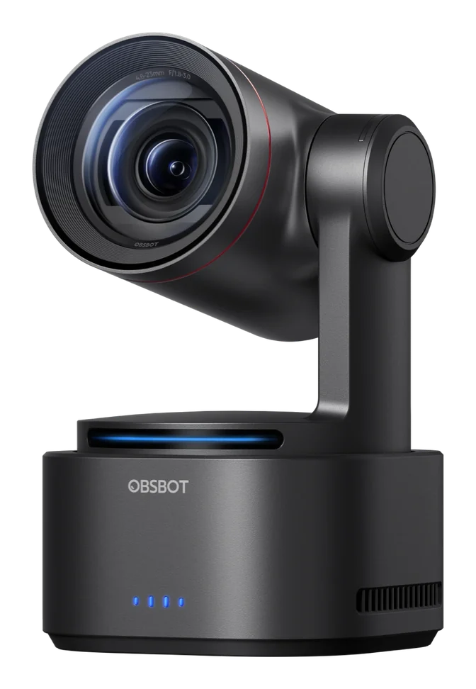OBSBOT Tail, a black PTZ camera with a large zoom lens on a motorized arm above a round base