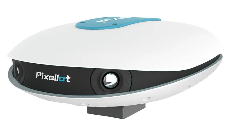 Pixellot Air, a white oval camera with a black lens band and a blue top plate