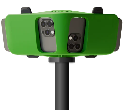 Veo Go, a green rig on a pole holding two iPhones side by side with their cameras facing out